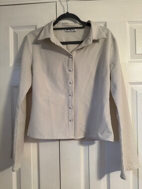 Princess Polly Cream Ribbed Button-Down Collared Top
